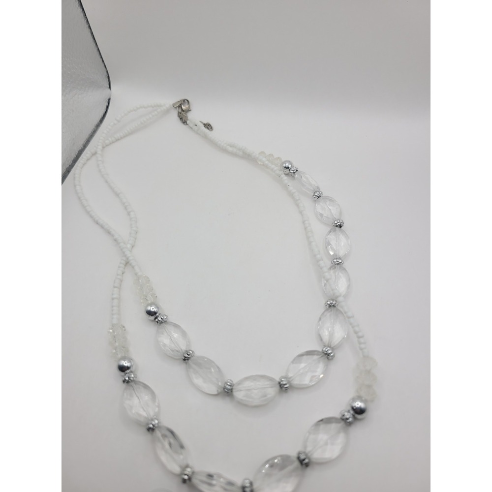 White Clear Double Strand Beaded Necklace Faceted Oval Silver Tone Statement - Picture 2 of 9